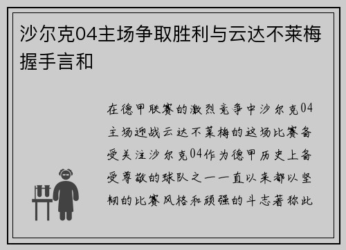 沙尔克04主场争取胜利与云达不莱梅握手言和